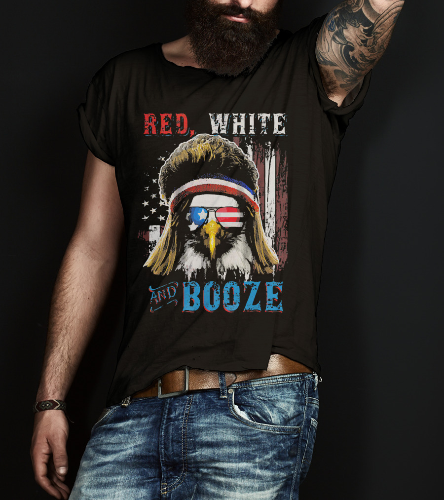 Red White And Booze America Flag Eagle With Sunglasses And Headband T-Shirt