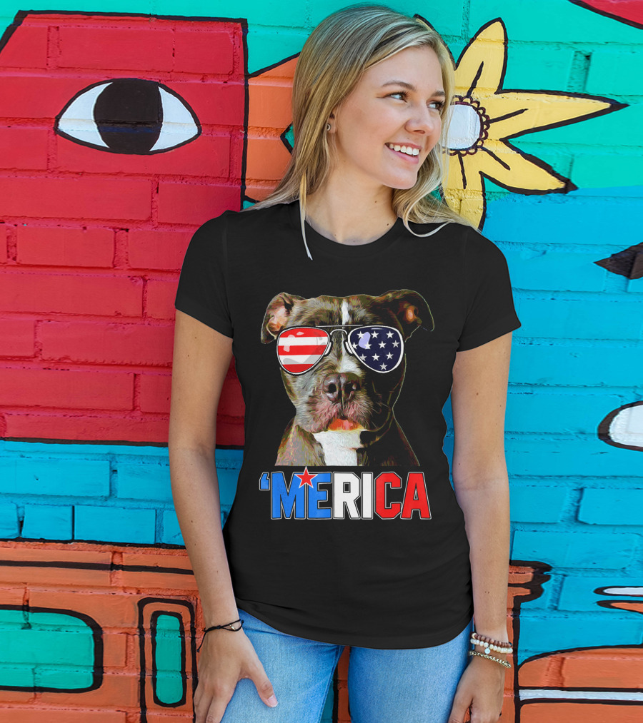Pitbull 'Merica Memorial Day Patriotic USA Sunglasses T-Shirt