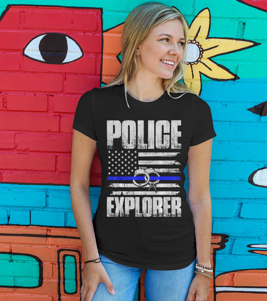 Police Explorer American Flag Handcuffs Thin Blue Line T-Shirt