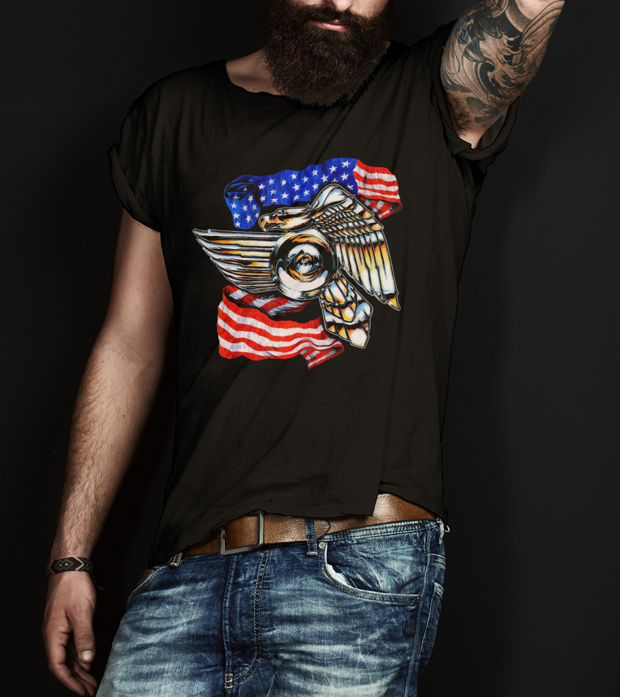 American Motorcycle Biker Eagle Emblem With Flag Wings T-Shirt