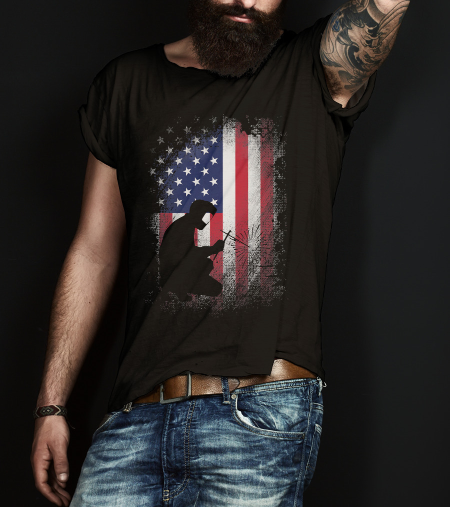 Welder Silhouette With American Flag USA Patriotic T-Shirt