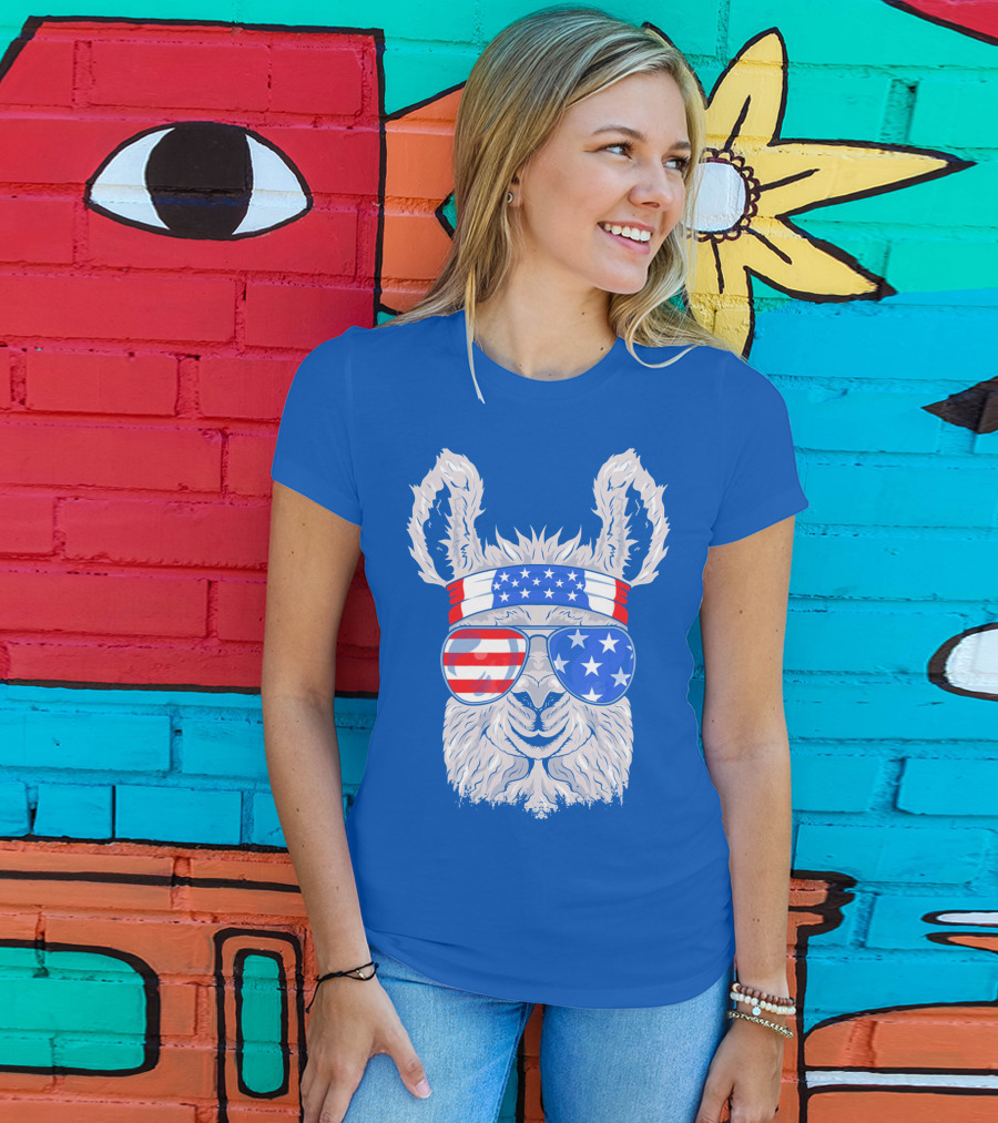 Patriotic Llama With American Flag Sunglasses And Headband For USA Independence Day T-Shirt