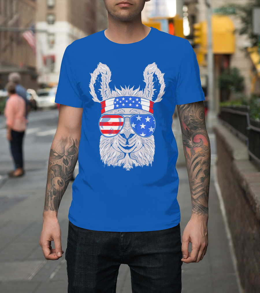 Patriotic Llama With American Flag Sunglasses And Headband For USA Independence Day T-Shirt