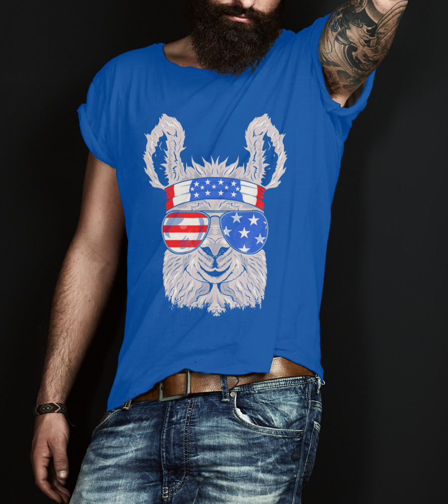 Patriotic Llama With American Flag Sunglasses And Headband For USA Independence Day T-Shirt