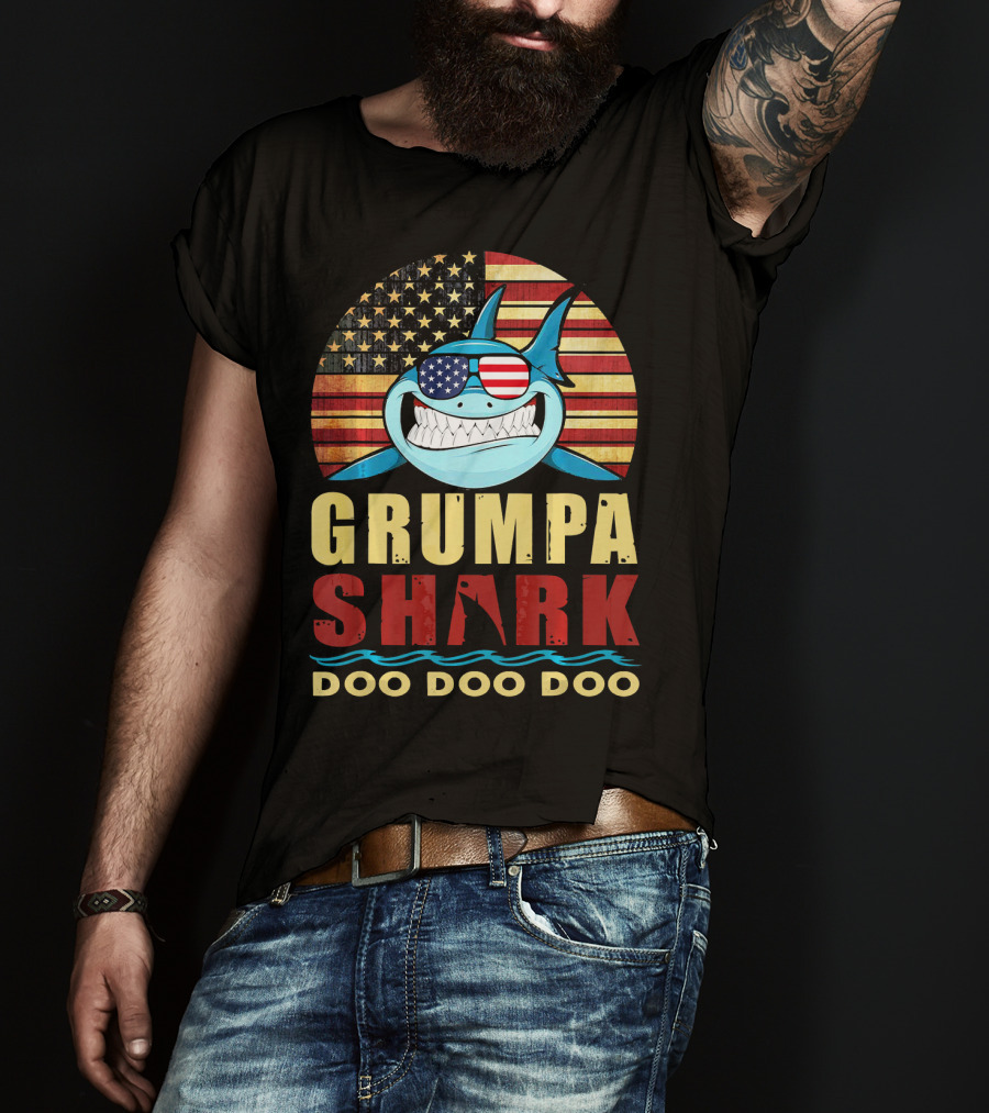 Grumpa Shark Doo Doo Doo American Flag T-Shirt