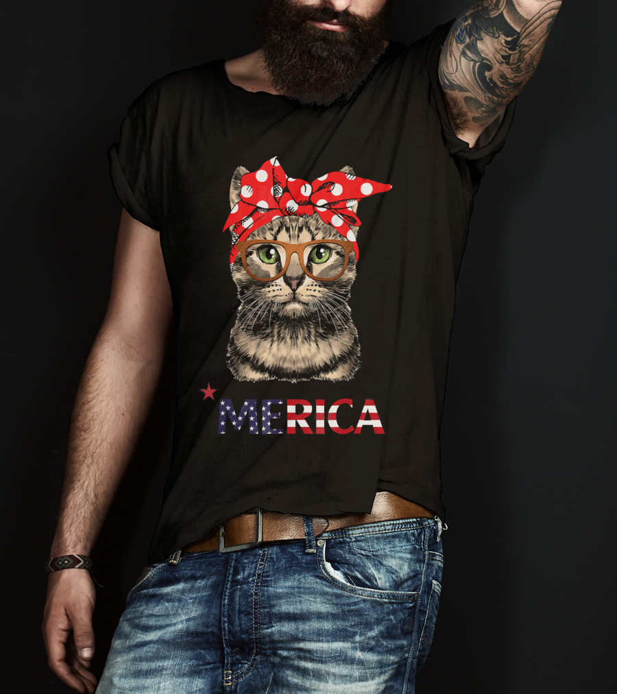 Merica Cat Red Bandana USA Flag Glasses T-Shirt