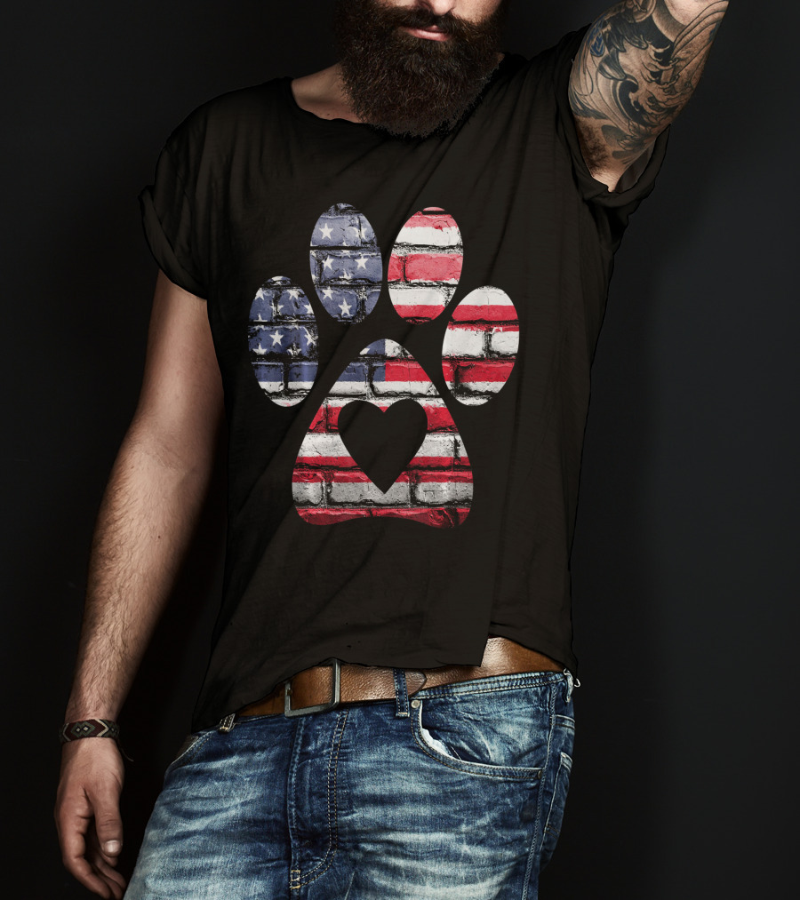 Patriotic Dog Paw With American Flag Heart T-Shirt