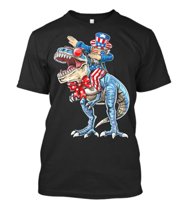 Dabbing Uncle Sam On Dinosaur With Patriotic Stars And Stripes Hat And Sunglasses T-Shirt