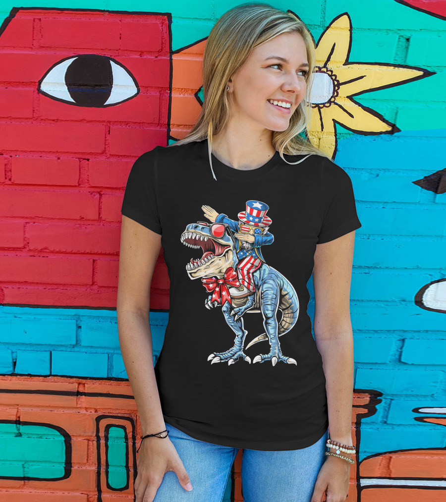 Dabbing Uncle Sam On Dinosaur With Patriotic Stars And Stripes Hat And Sunglasses T-Shirt