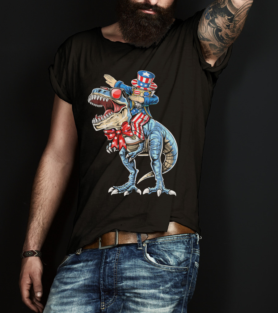 Dabbing Uncle Sam On Dinosaur With Patriotic Stars And Stripes Hat And Sunglasses T-Shirt