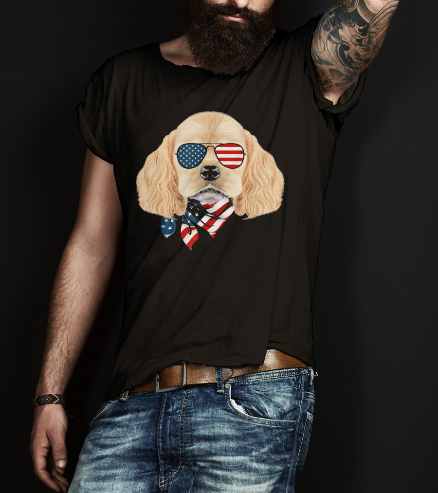 Cocker Spaniel Wearing American Flag Sunglasses And Bandana Patriotic T-Shirt