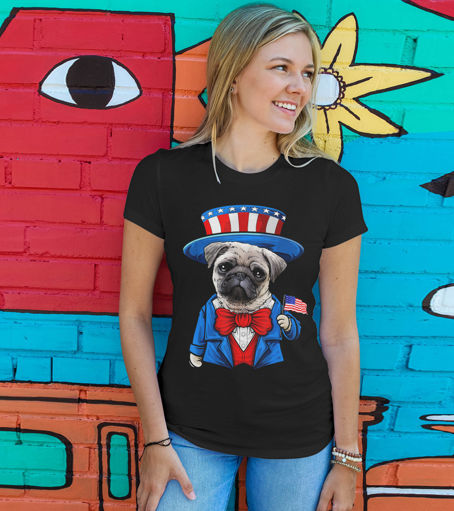 Uncle Sam Pug Holding American Flag Fourth Of July Dog Humor T-Shirt