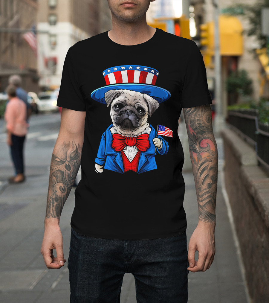 Uncle Sam Pug Holding American Flag Fourth Of July Dog Humor T-Shirt