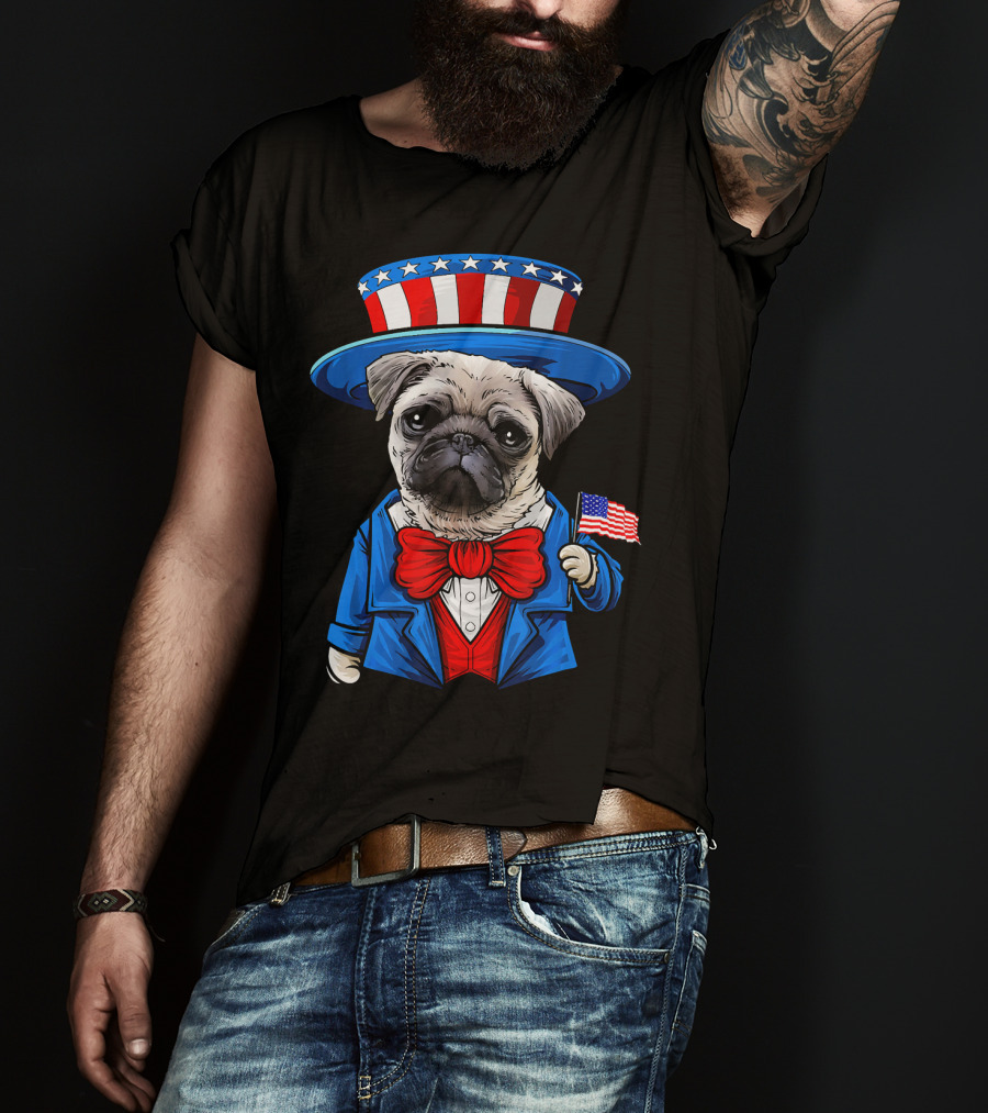 Uncle Sam Pug Holding American Flag Fourth Of July Dog Humor T-Shirt