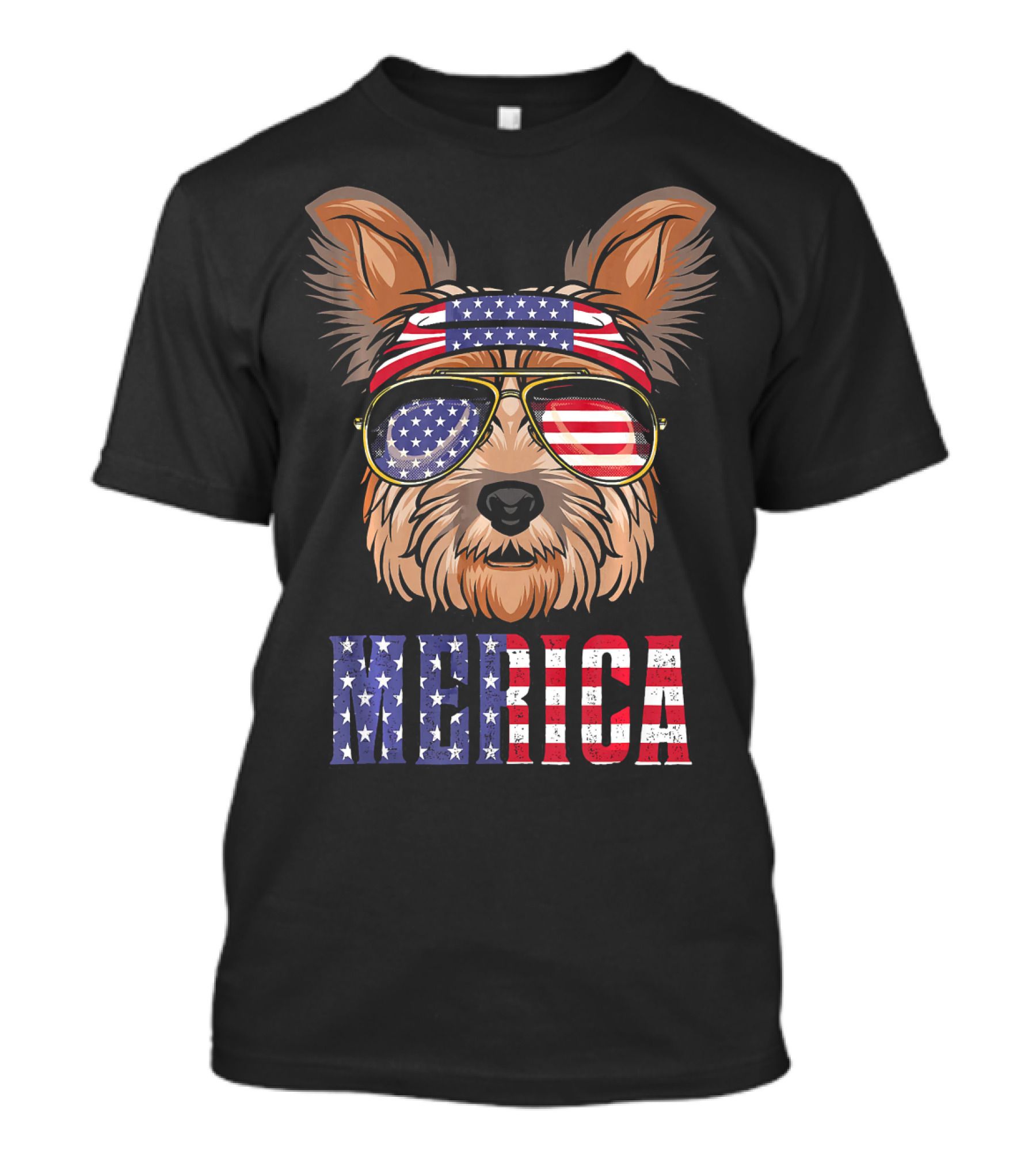Yorkie Dog Merica American Flag Sunglasses Bandana T-Shirt