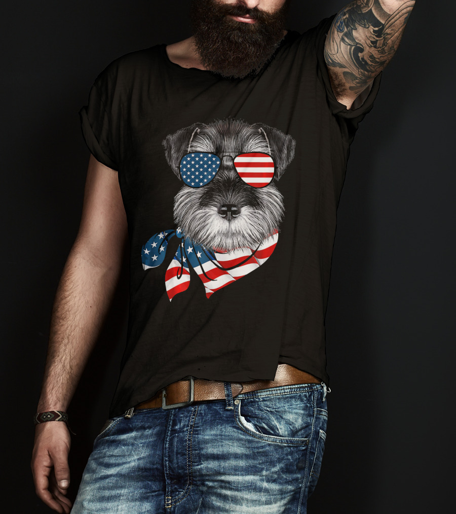 Schnauzer With American Flag Sunglasses And Scarf Patriotic T-Shirt