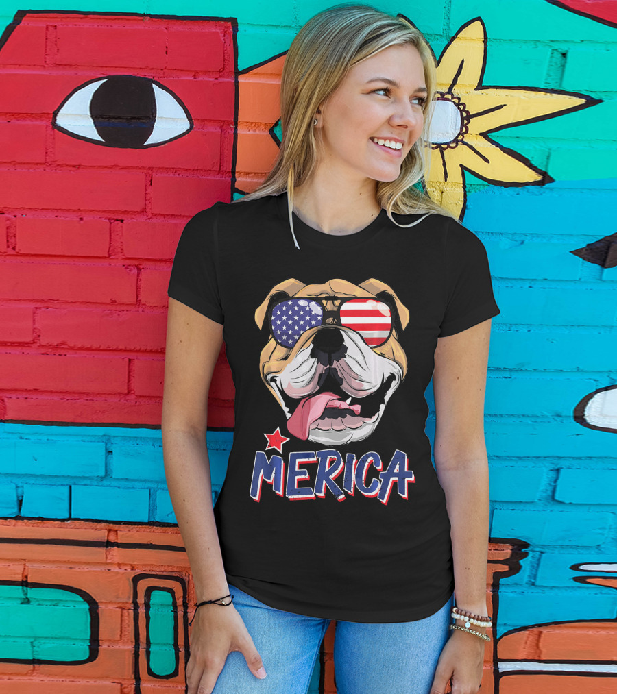 English Bulldog Merica Sunglasses Fourth Of July T-Shirt