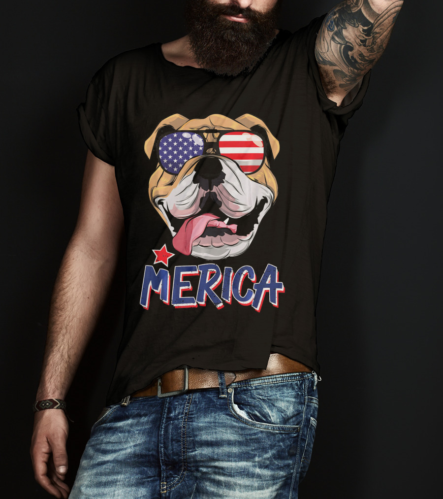 English Bulldog Merica Sunglasses Fourth Of July T-Shirt