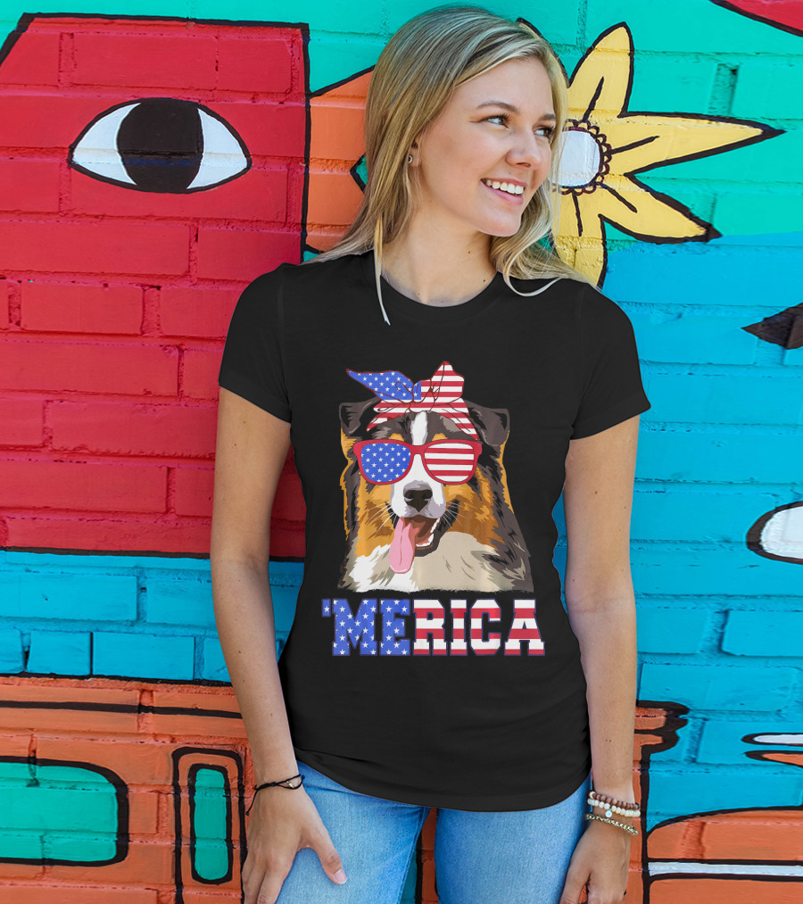 Aussie Dog Mom 'Merica American Flag Sunglasses And Bandana T-Shirt