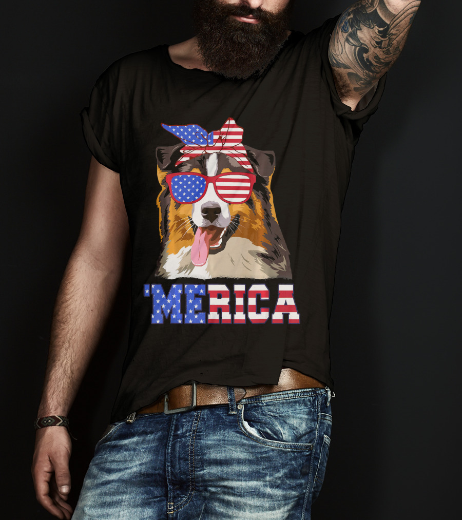 Aussie Dog Mom 'Merica American Flag Sunglasses And Bandana T-Shirt