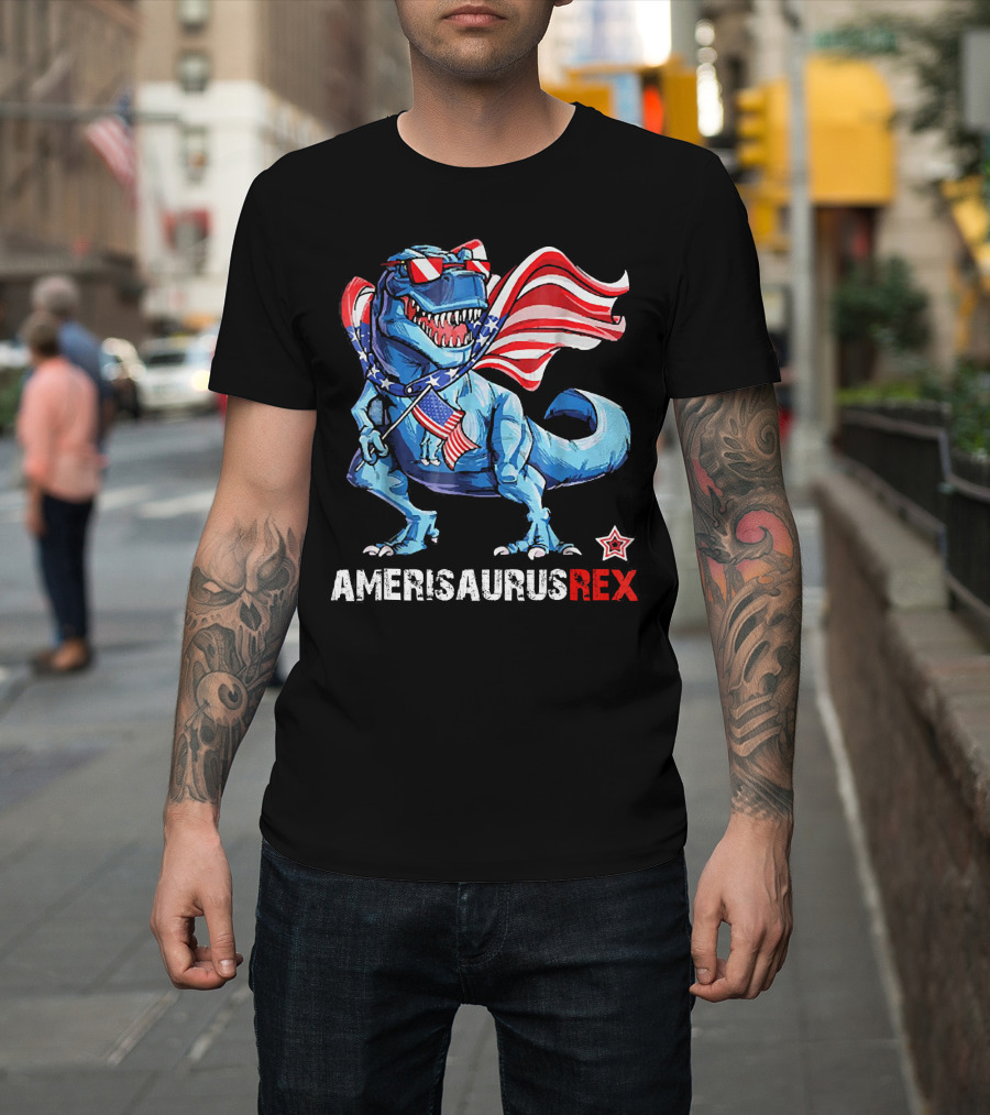 Amerisaurus Rex Patriotic Dinosaur With USA Flag And Stars T-Shirt