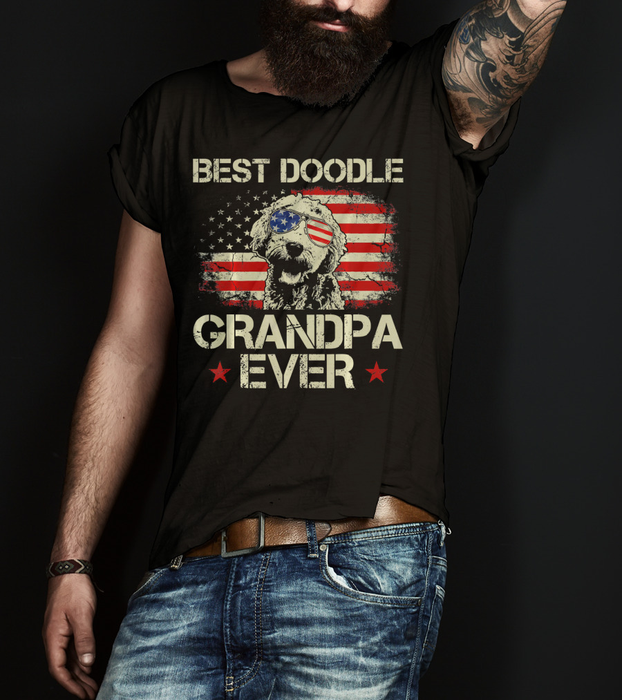Best Doodle Grandpa Ever USA Flag Sunglasses Dog T-Shirt