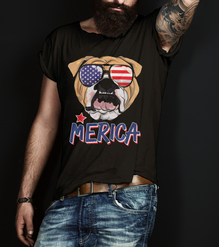 English Bulldog Sunglass Merica American Flag T-Shirt