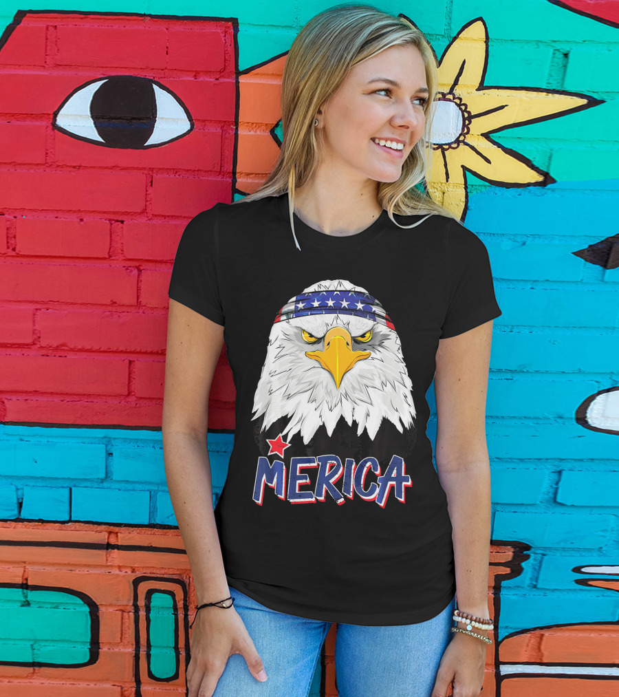 Merica Patriotic American Bald Eagle With Star-Spangled Headband T-Shirt