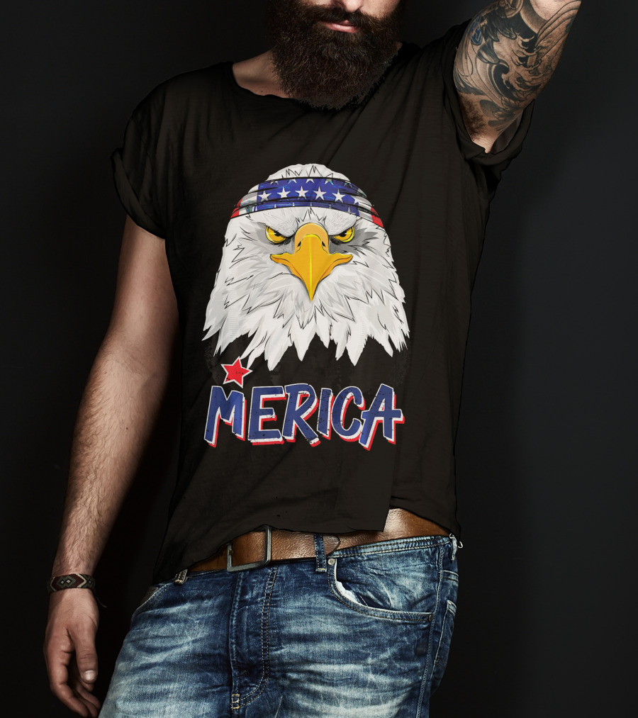 Merica Patriotic American Bald Eagle With Star-Spangled Headband T-Shirt