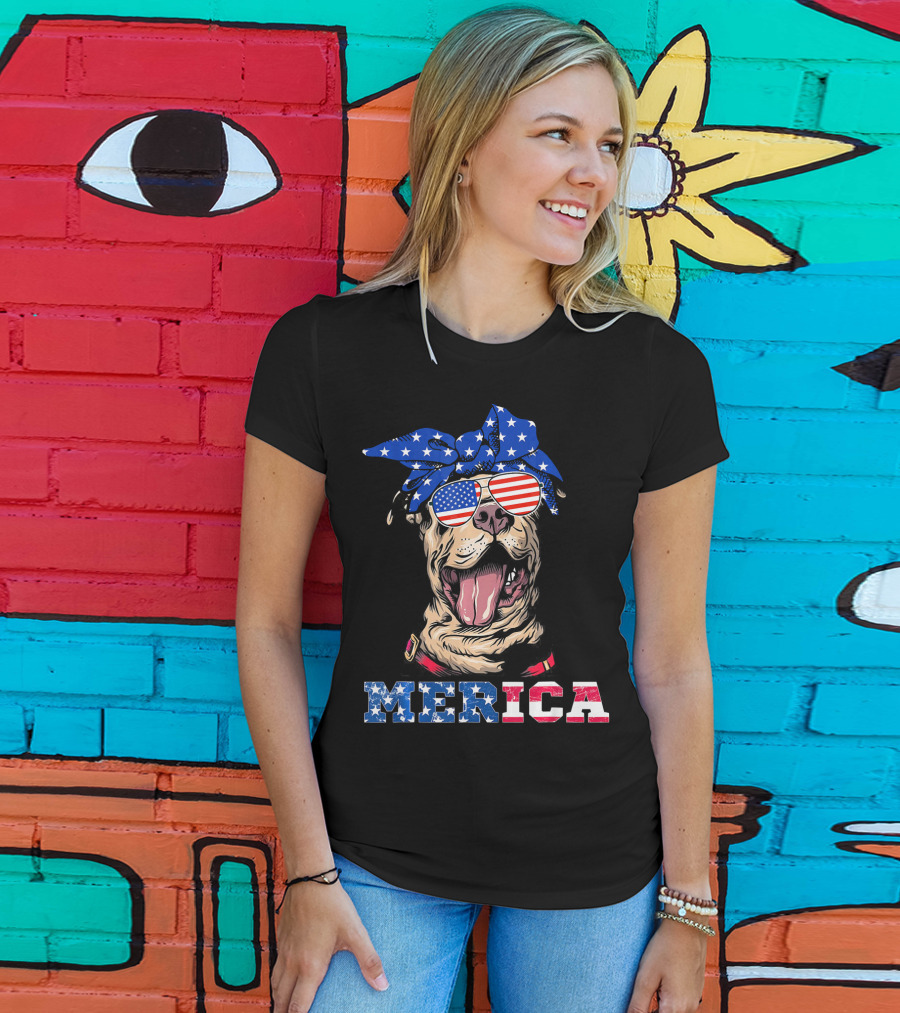 Merica American Flag Pitbull Wearing Bandana And Sunglasses T-Shirt