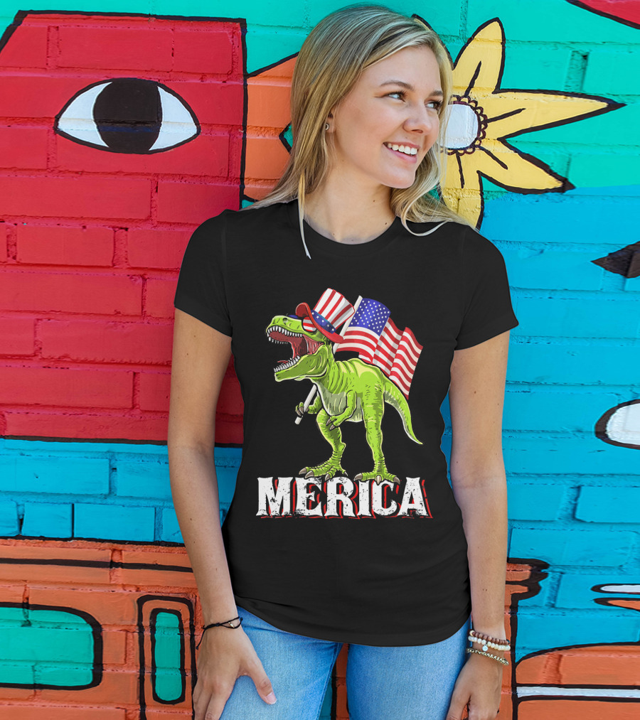 'Merica Patriotic Rex Dinosaur With American Flags And Hat T-Shirt