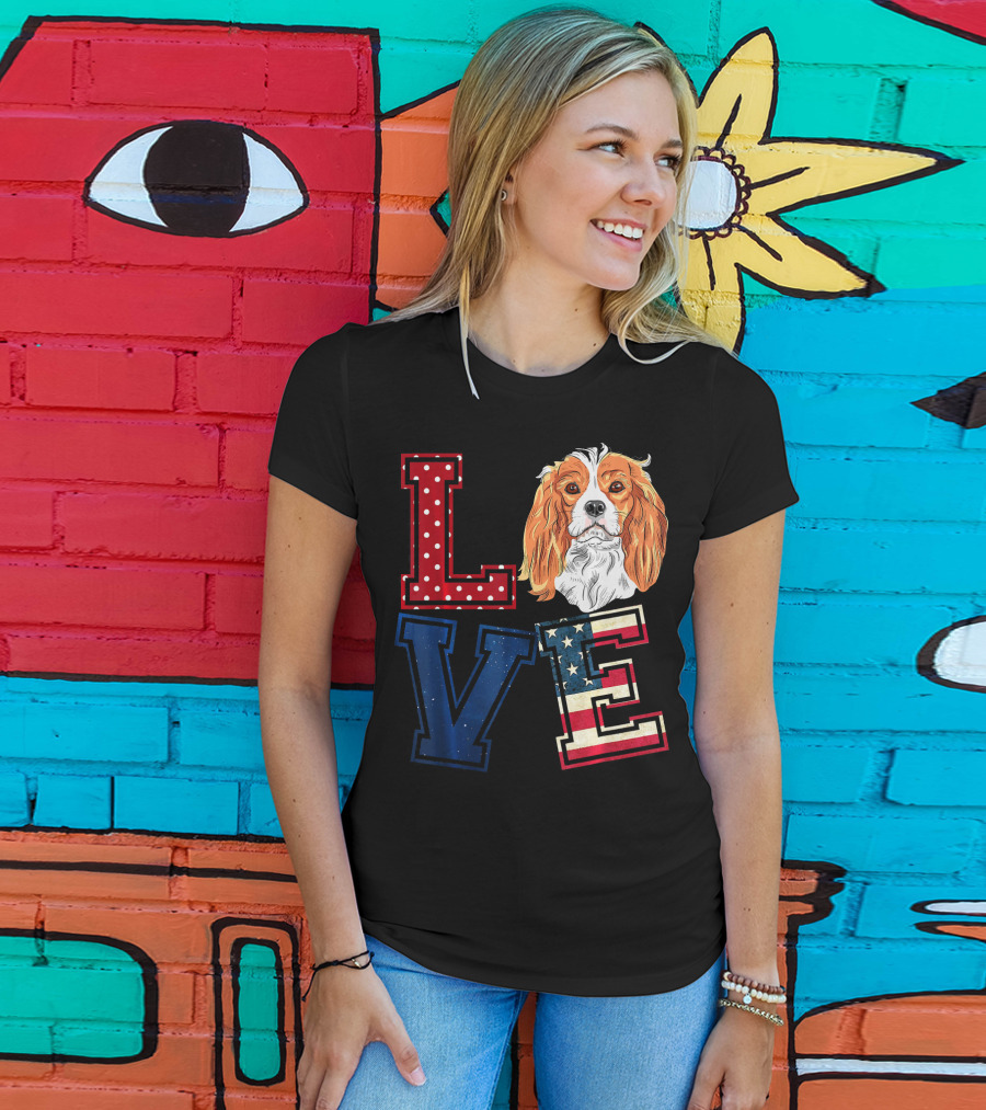 LOVE Cavalier King Charles Spaniel American Flag Face T-Shirt