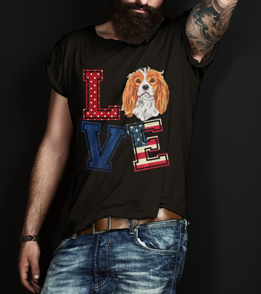 LOVE Cavalier King Charles Spaniel American Flag Face T-Shirt