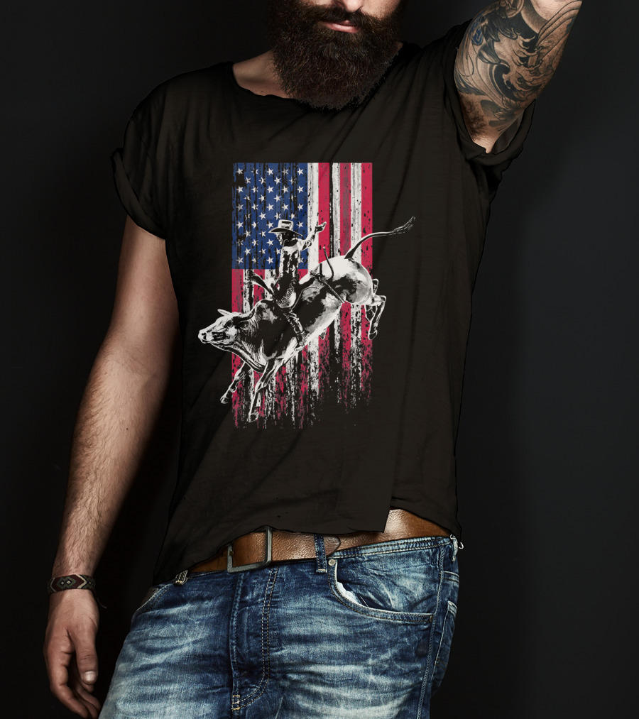 Patriotic American Flag Bull Rider Rodeo Scene T-Shirt