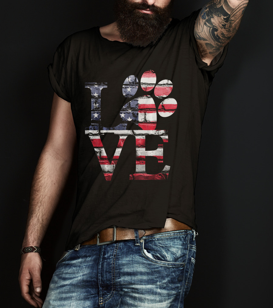 Patriotic Love USA Flag Style With Dog Paw T-Shirt