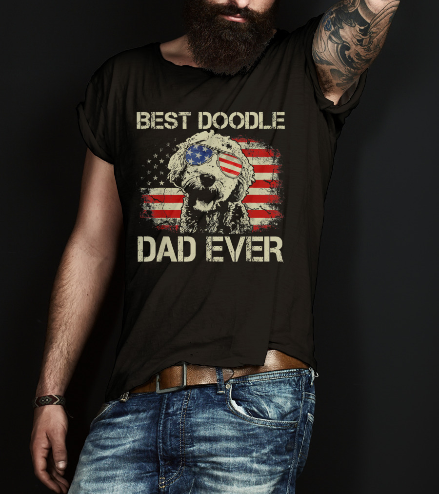 Best Doodle Dad Ever USA Flag Sunglasses Dog T-Shirt