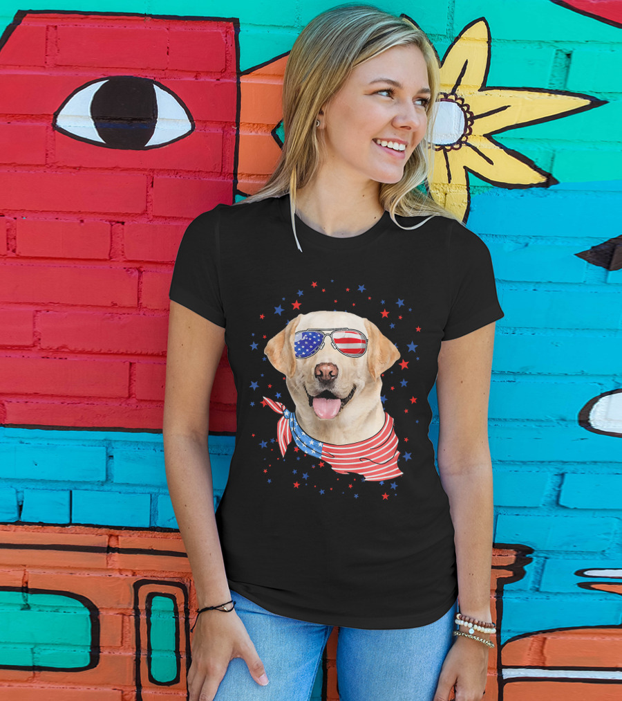 American Flag Labrador With Patriotic Sunglasses And Scarf Surrounded By Stars T-Shirt
