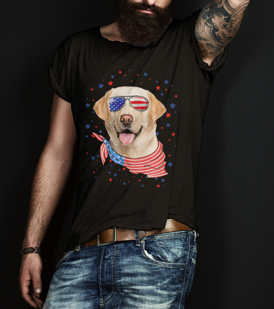 American Flag Labrador With Patriotic Sunglasses And Scarf Surrounded By Stars T-Shirt