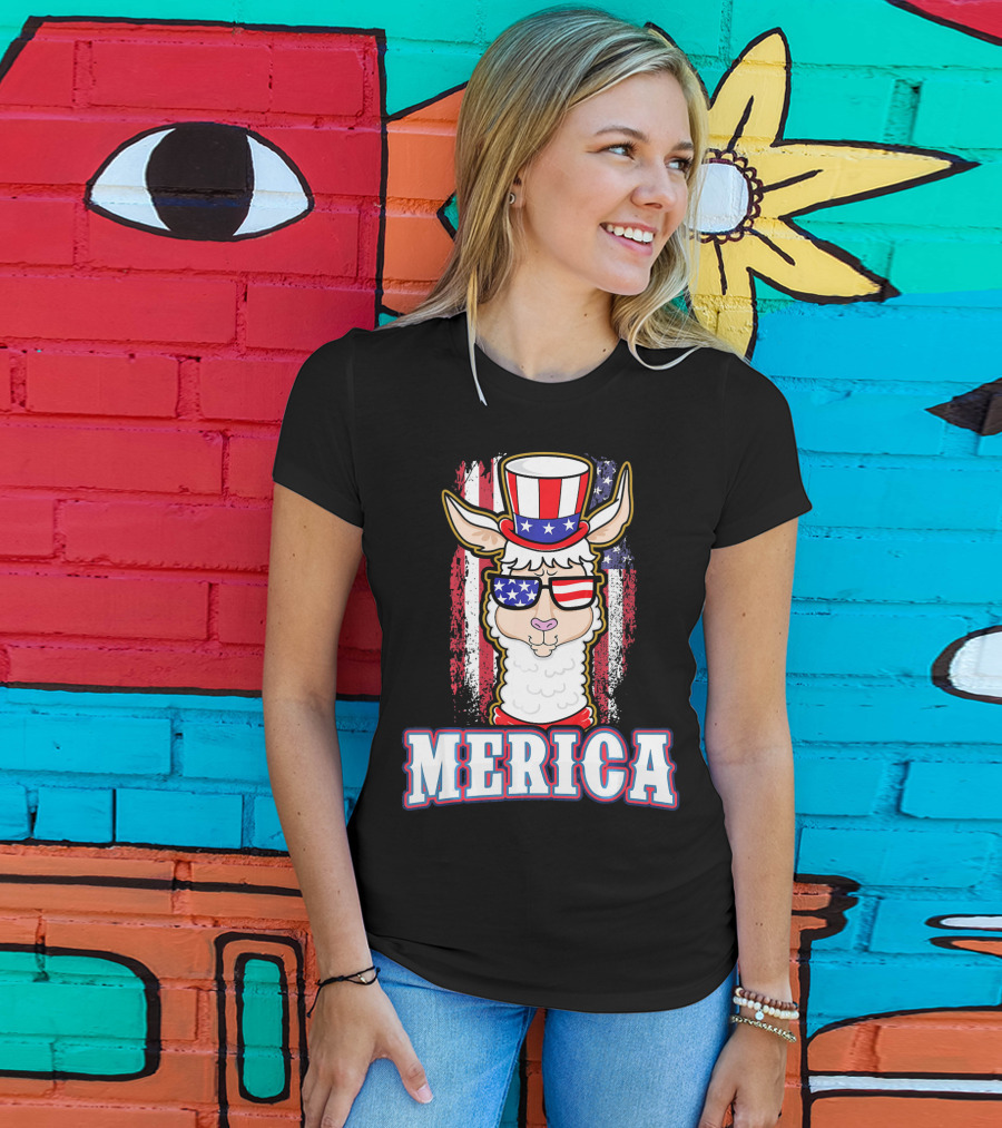 Patriotic Llama Merica American Flag US T-Shirt
