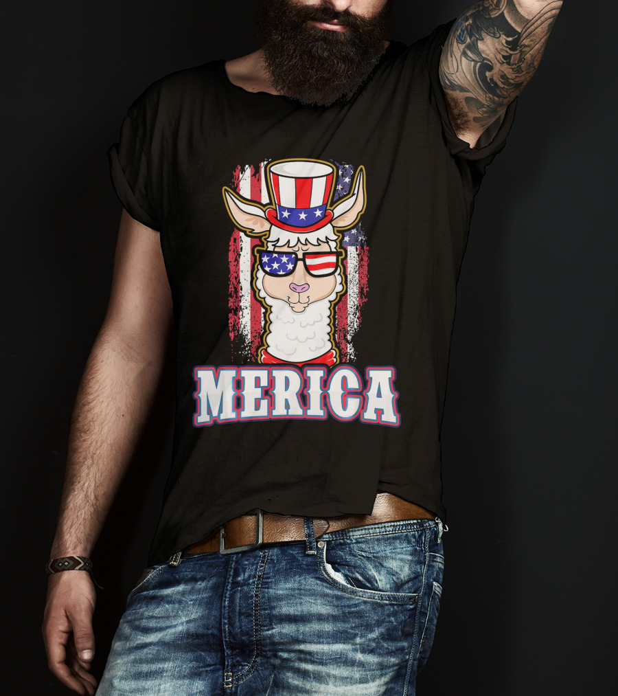 Patriotic Llama Merica American Flag US T-Shirt