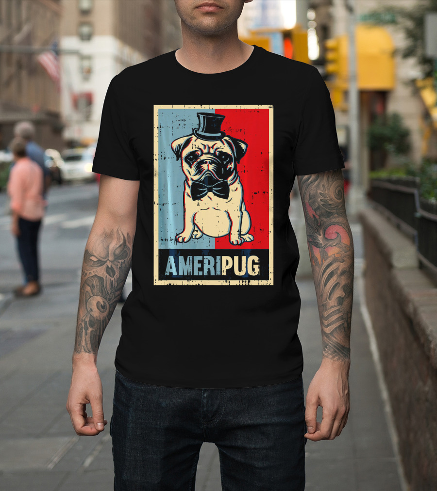 Ameripug Top Hat Bowtie Red Blue 4th Of July T-Shirt