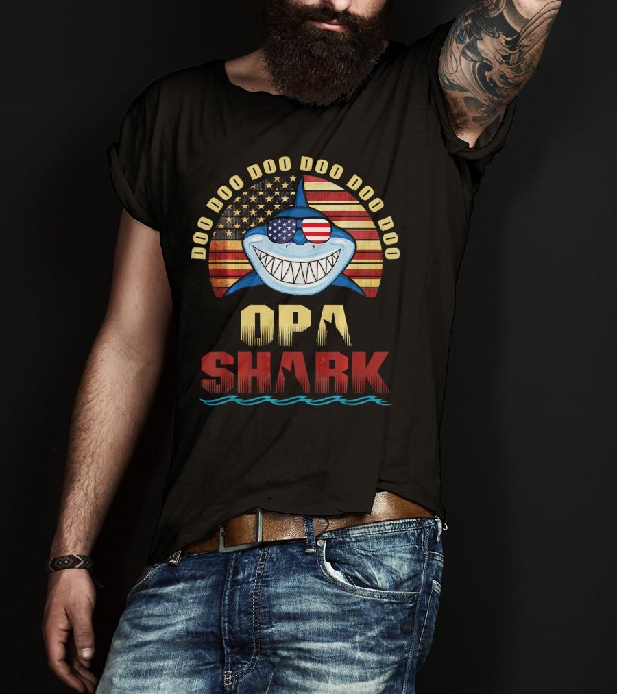 Doo Doo Doo Doo Doo Opa Shark American Flag Fathers T-Shirt