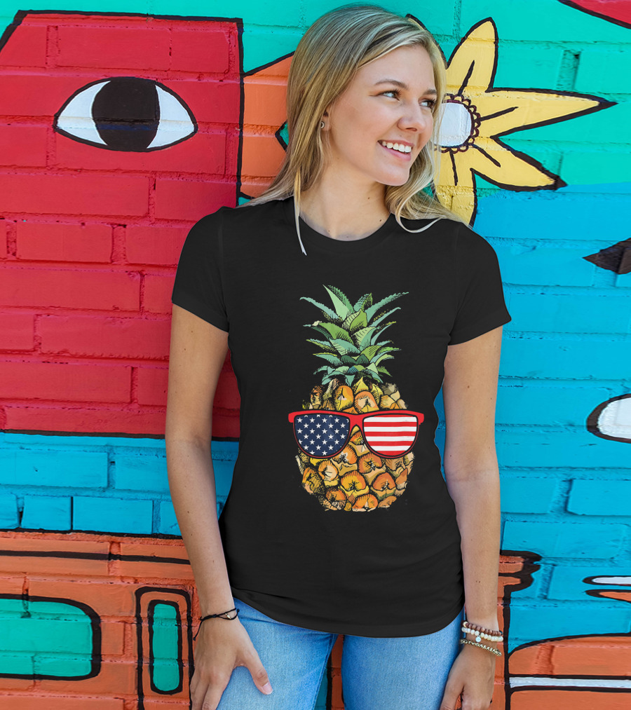Funny Pineapple With American Flag Glasses Fourth Of July T-Shirt