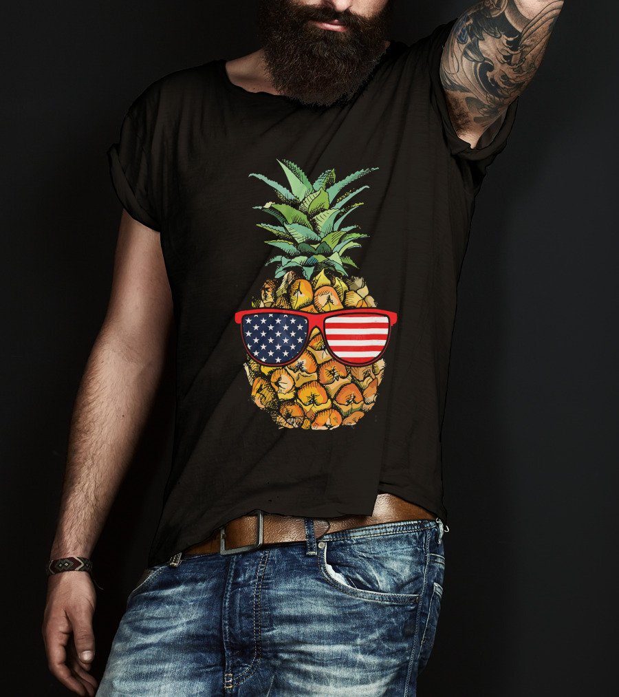 Funny Pineapple With American Flag Glasses Fourth Of July T-Shirt