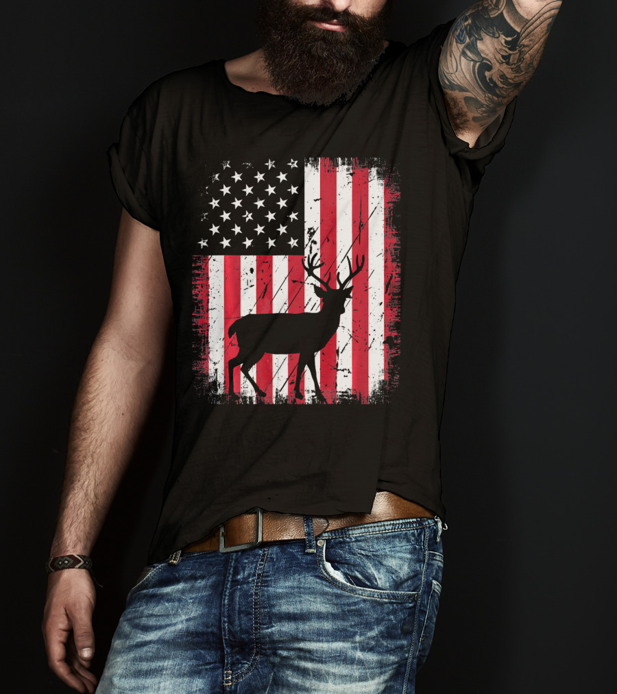 Vintage Deer USA American Flag Fourth Of July T-Shirt