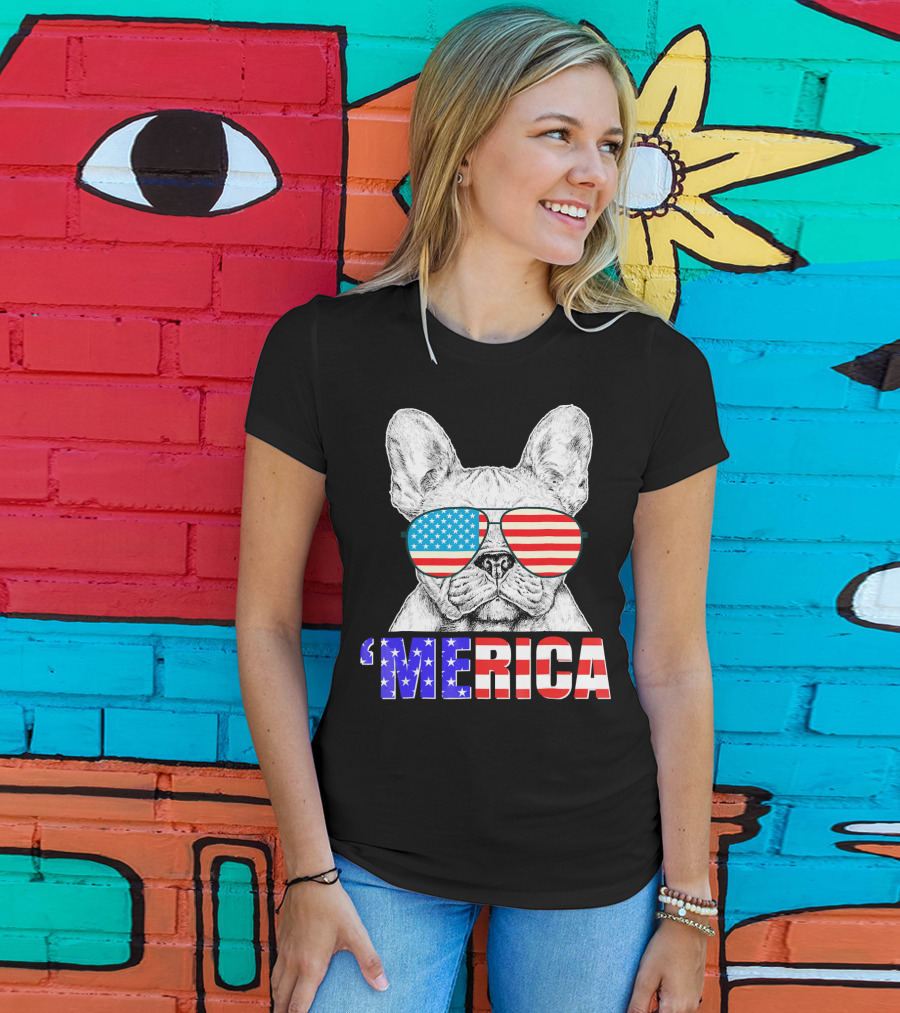 Funny French Bull Dog 'Merica With American Flag Sunglasses T-Shirt