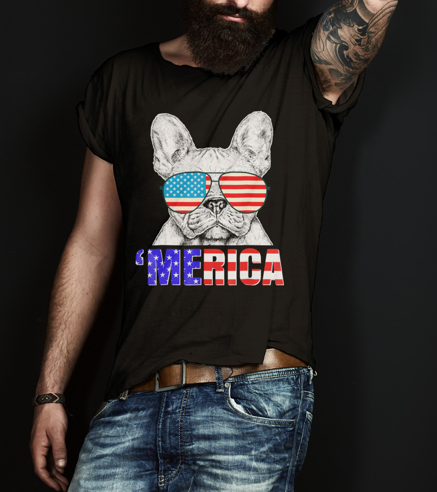 Funny French Bull Dog 'Merica With American Flag Sunglasses T-Shirt