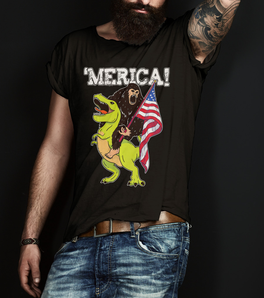'Merica Bigfoot Dinosaur Fourth Of July Patriot T-Shirt