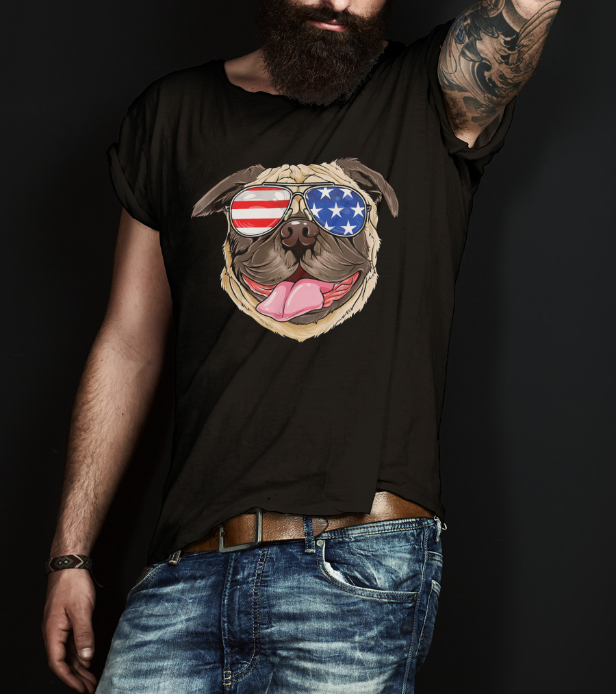 Patriotic Pug With American Flag Sunglasses T-Shirt