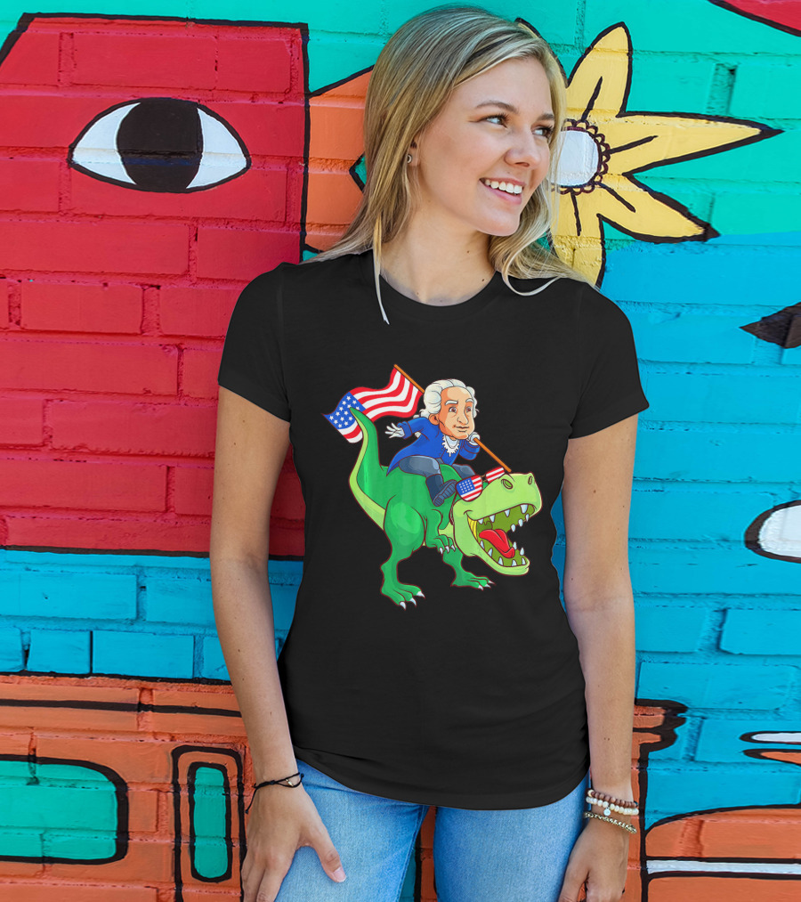 George Washington Riding Rex Dinosaur With American Flag And Sunglasses T-Shirt